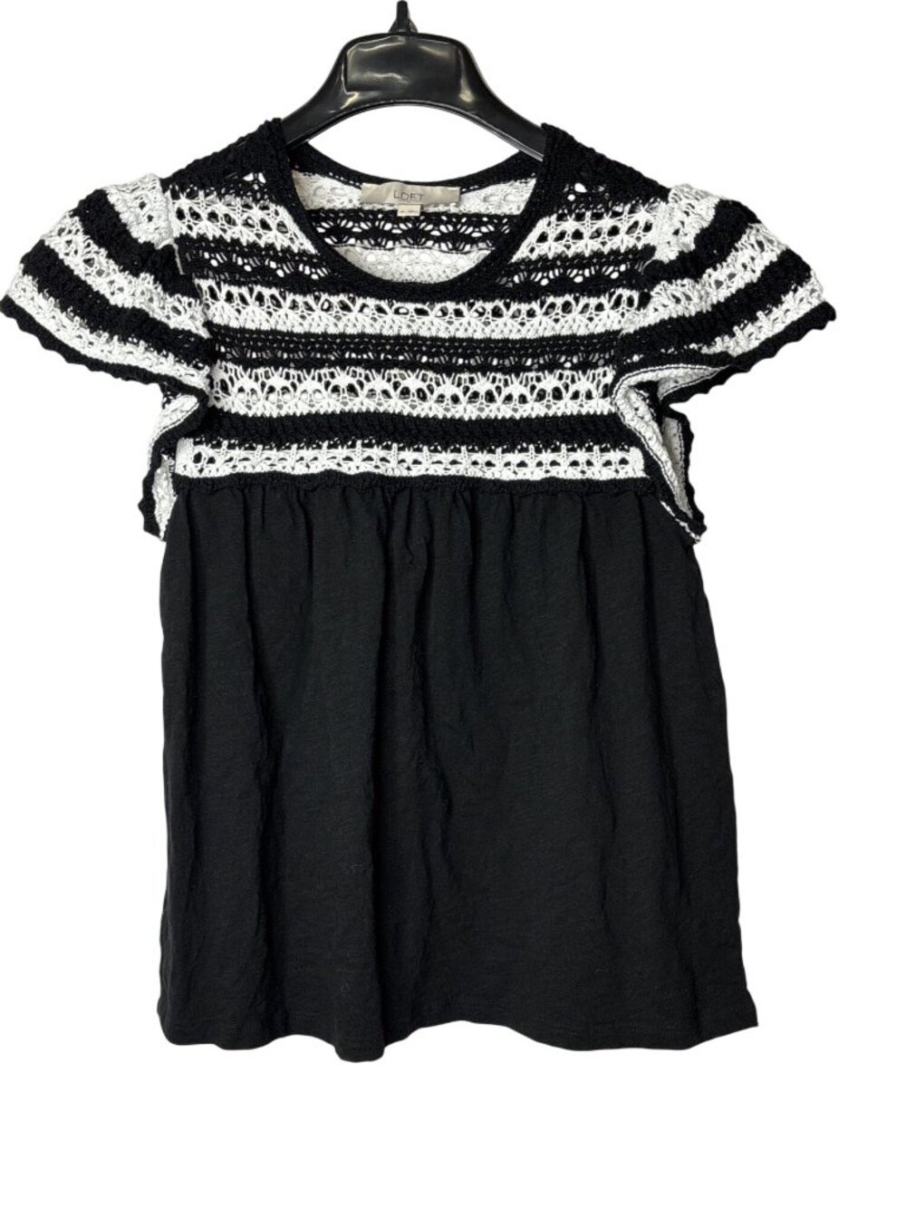 LOFT Babydoll Top Size M Crochet Striped Black White Cotton Vintage Y2K
